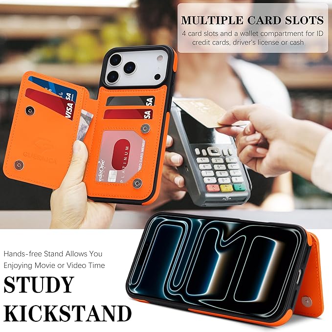 GUERNICA for iPhone 17 Pro (6.3") Case Wallet with Card Holder, RFID Blocking Leather Protection, Shockproof Women Men Phone Case for Apple 17 Pro, Orange