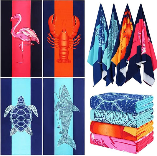4 Packs Oversized Thin Beach Towel Set XL Extra Large Big 36 x 72 in Clearance Swim Travel Towels Soft Blanket for Adult Women Men Chair Cover Accessories Essentials Sharks Flamingos Turtles Lobsters