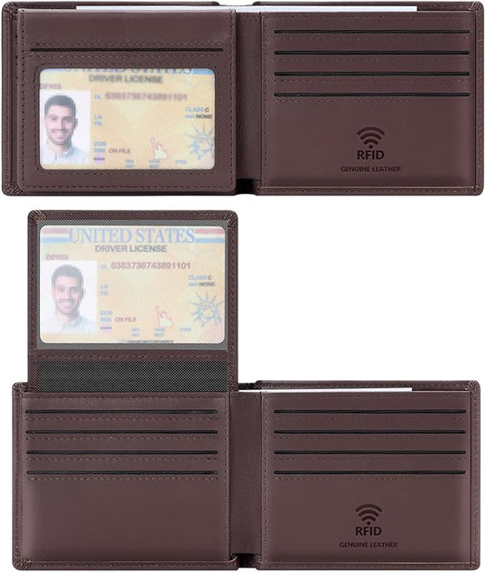 Travelambo Genuine Leather Wallet for Men with Gift Box - Handmade Bifold Stylish - Mens Wallets Rfid Blocking with 2 ID Windows