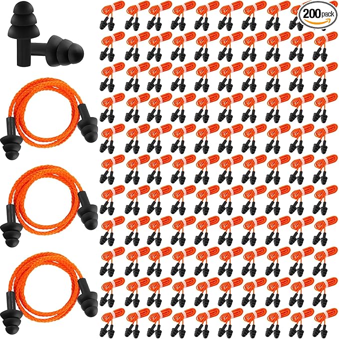 Xuhal 200 Pairs Corded Ear Plugs Silicone Earplugs with Cord Individually Wrapped Reusable Earplugs Sleep Noise Cancelling Hearing Protection for Snoring Shooting Studying Construction (Black)