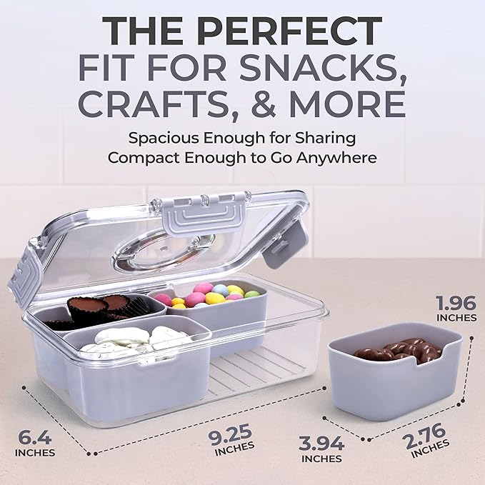 Snackle Box Container with Lid- Travel Charcuterie Box with Handle - Organizer for Candy, Fruit, Nuts, Veggies, Snacks, Beach Essentials, Portable Lunch Box (Grey, Small)
