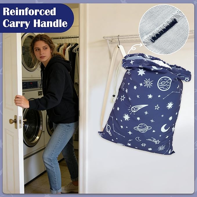 Canvas Laundry Bag with shoulder Strap 24" x 29", Large Drawstring Dirty Clothes Bag Washable Laundry Sack for College Dorm, Travel, Home, Camp (Space)
