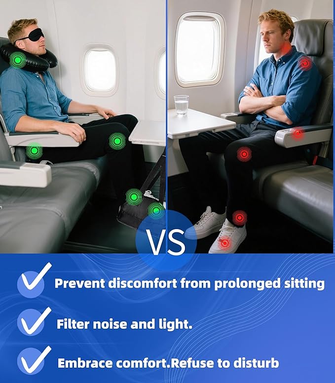 Portable Ultimate Comfort Set for Plane Sleep Kit at Plane Inflatable Travel Pillows Foot Rest Hammock Eye Mask Ear Plugs for Airplane Essentials for Seat Airplane Gadgets for Sleep Comfort (3B)