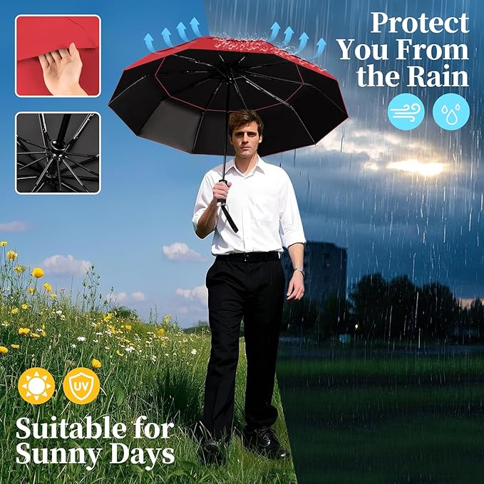 Yoobure Windproof Travel Umbrella with Wood Handle - Automatic Umbrellas for Rain & UV Sun Protection, Compact 46" Large Canopy, Lightweight Backpack Portable for Walking & Outdoor