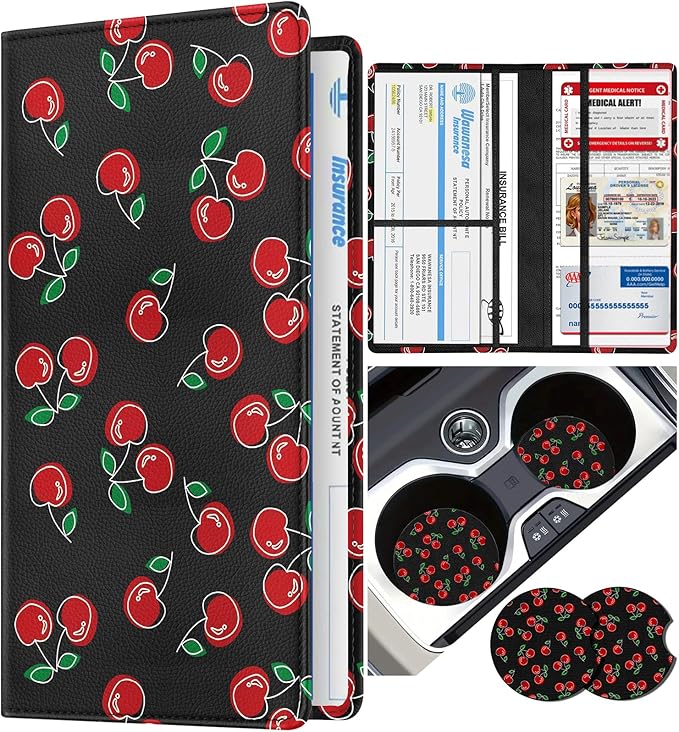 Slohif Car Registration and Insurance Card Holder with Magnetic Shut - Vehicle Glove Box Organizer Women Leather Automobile License Holders Coasters Auto Accessories Case for Document,Cherry
