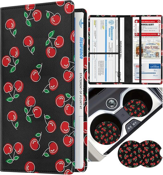 Slohif Car Registration and Insurance Card Holder with Magnetic Shut - Vehicle Glove Box Organizer Women Leather Automobile License Holders Coasters Auto Accessories Case for Document,Cherry