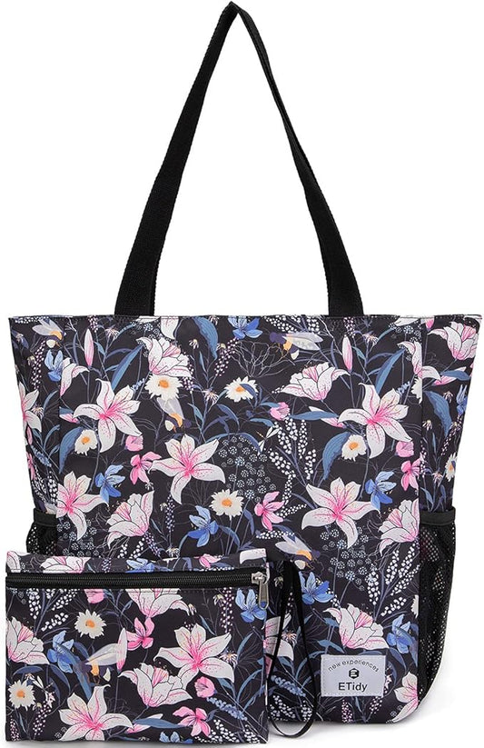 ETidy Large Capacity Foldable Tote Bag With Zipper Water-resistant SandproofWomen Beach Bag Handbag GymBag Travel ShoppingBag