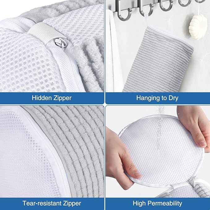 Shoe Laundry Bags for Washing Machine, Reusable Laundry Shoe Bag for Washer and Dryer, Fluffy Fibers 360° Wrap Around Cleaning, Adjustable Protective Shoe Trees - Home Dorm Travel, Gray