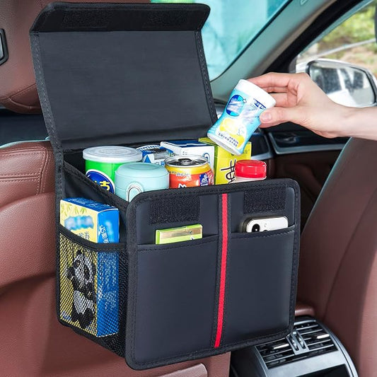 Hanging Car Seat Organizer with Lid - Premium PU Leather Backseat Organizer for Kids & Adults (Black)