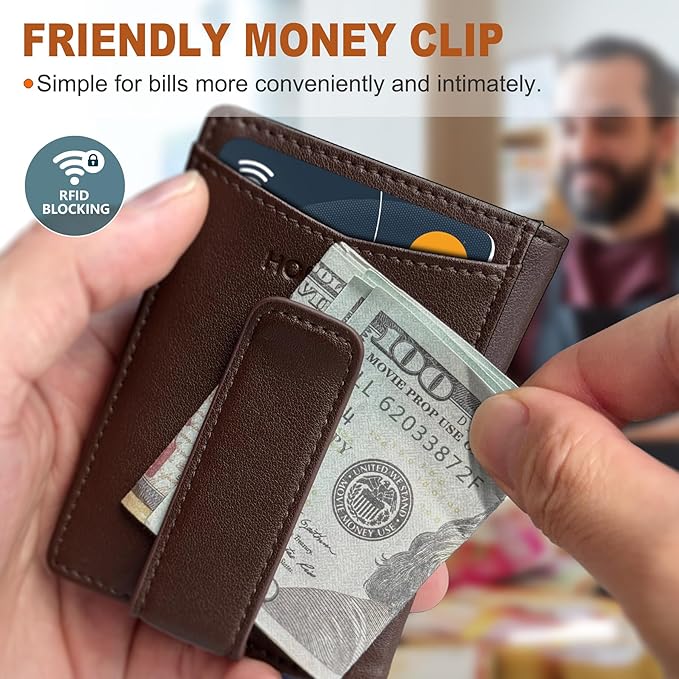 Housmai Magnetic Closure Slim Wallet with Money Clip Gift Boxed,Genuine Leather Front Pocket Wallet for Men, 3.9"x 2.8", RFID Blocking