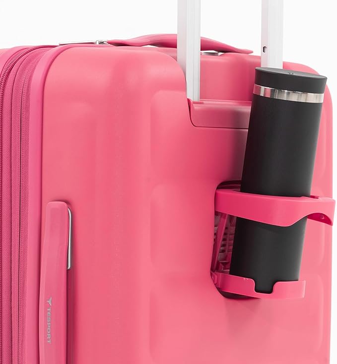 Tesport 22in Hard Shell Carry-On Luggage with Spinner Wheels, Lightweight PC Expandable Carry-On Suitcase with TSA Lock, Built-in Cup Holder, Pink