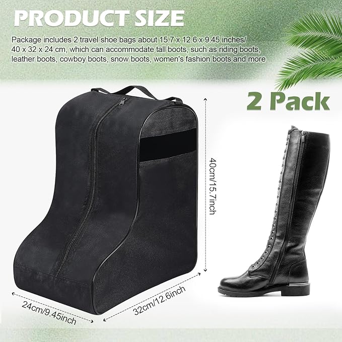 2 Pcs Boot Bags for Cowboy Boots Portable Storage Bag for Travel Long Tube Shoes Bags Men Tall Shoe with Handle for Home Travel (Black)
