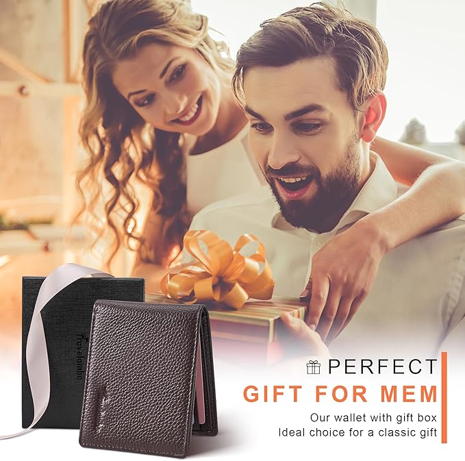 Travelambo Genuine Leather Wallet for Men with Gift Box - Handmade Bifold Stylish - Mens Wallets Rfid Blocking with 2 ID Windows