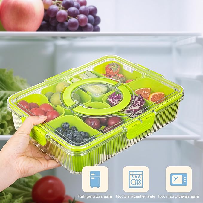 Patent Design Ribbed Snackle Box Container Divided Serving Tray with Lid and Handle -Charcuterie Container Portable Storage Organizer for Candy, Fruit, Beach, Picnics（1 pcs, Pink