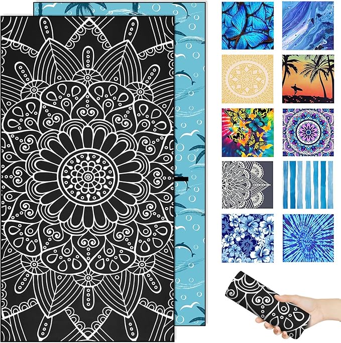 Margelife Sand Proof Microfiber Beach Towels Adult –Quick Fast Dry Beach Oversized Accessories for Travel Swim Pool Yoga Blanket Essentials Lightweight Must Haves Items Women Gifts Black Mandala