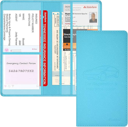 Car Insurance and Registration Holder, 9.5 x 5 Inch PU Leather Vehicle Glove Box Organizer Wallet Case for Insurance Card, Driver License, Paperwork - Mint Green