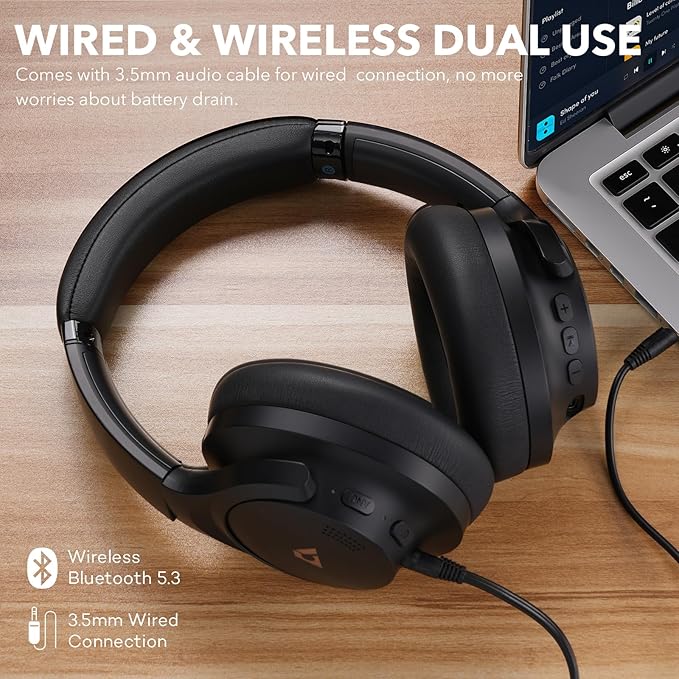 1Mii Y8 Active Noise Cancelling Headphones, Wireless Headphones Over Ear Bluetooth 5.3, LDAC Hi-Res Audio,75H Playtime with Transparent Mode for Work/Travel/Home/Office-Black