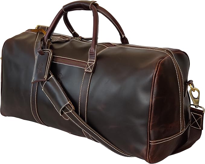 24" Leather Duffle Bag for Men & Women, Full Grain Leather Travel Overnight Weekender Sports Gym Carry On Duffel Bag by Rustic Town (Walnut Brown)