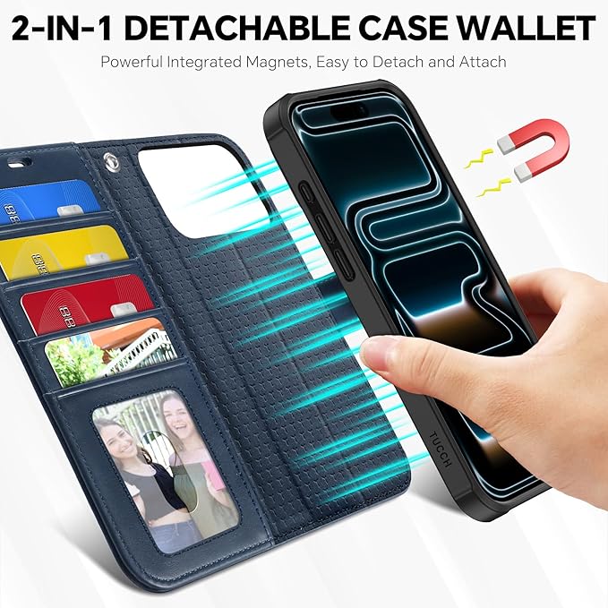 TUCCH 2-in-1 Detachable Wallet Case for iPhone 17 Pro Max 6.9" 2025, RFID Blocking | 4 Card Holders | Wireless Charging | Wrist Strap | Kickstand | Magnetic | PU Leather Protective Cover | Dark Blue