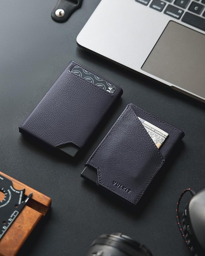 VULKIT Pop up Card Wallet Genuine Leather RFID Blocking Slim Aluminum Metal Bank Card Holder Case with Business Money Pocket for Credit Cards Notes and Coins Blue