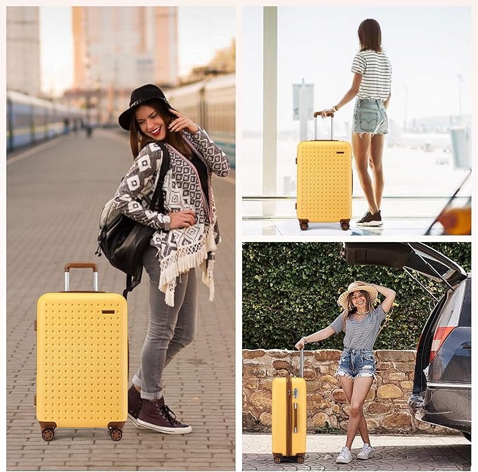 Kono 24 Inch Luggage Medium checked Lightweight Hardside Suitcase with Spinner Wheels & Built-in TSA Lock, Yellow