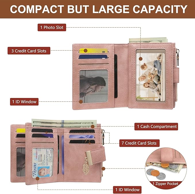 yiijay Small Wallet Women RFID Blocking Leather Bifold Wallet Credit Card Holder for Women Ladies Compact Wallet Mini Purse With Zipper Pocket