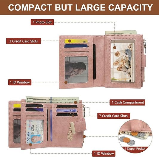 yiijay Small Wallet Women RFID Blocking Leather Bifold Wallet Credit Card Holder for Women Ladies Compact Wallet Mini Purse With Zipper Pocket