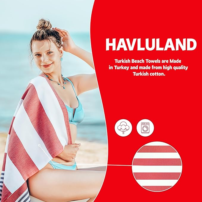 HAVLULAND Turkish Beach Towel, Bath Towels, Oversized 72"X40", Quick-Dry, Absorbent, Lightweight, Compact, Sand-Resistant, Travel-Friendly, 100% Cotton, Cabana Striped Soft Pool Towels - Pack of 6 -