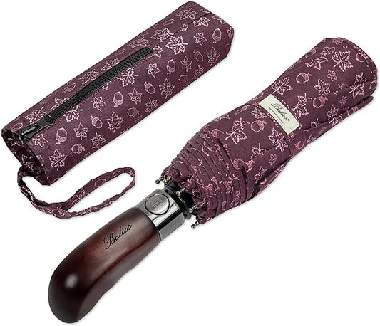 Balios Travel Folding Umbrella with Real Wood Handle Auto Open Close Vented Windproof Canopy - Designed in UK