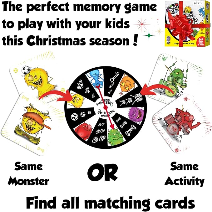 Hiding Monsters Memory Card Game for Kids with a Spinner Wheel - Fun and Easy-to-Play. Matching Memory Game for Kids 4-8 and 8-12 for Boys and Girls