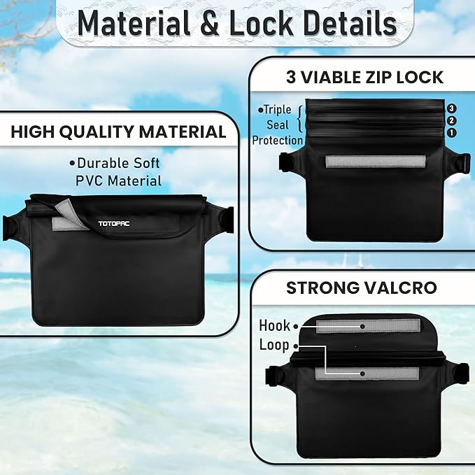 2-Pack Waterproof Fanny Pack, Phone Pouch with Waist Strap, 9x6.7 Inch Dry Bag for Phone, Cash, and Valuables – for Swimming, Kayaking, Boating, Snorkeling, and Water Sports (2, Black + Black)