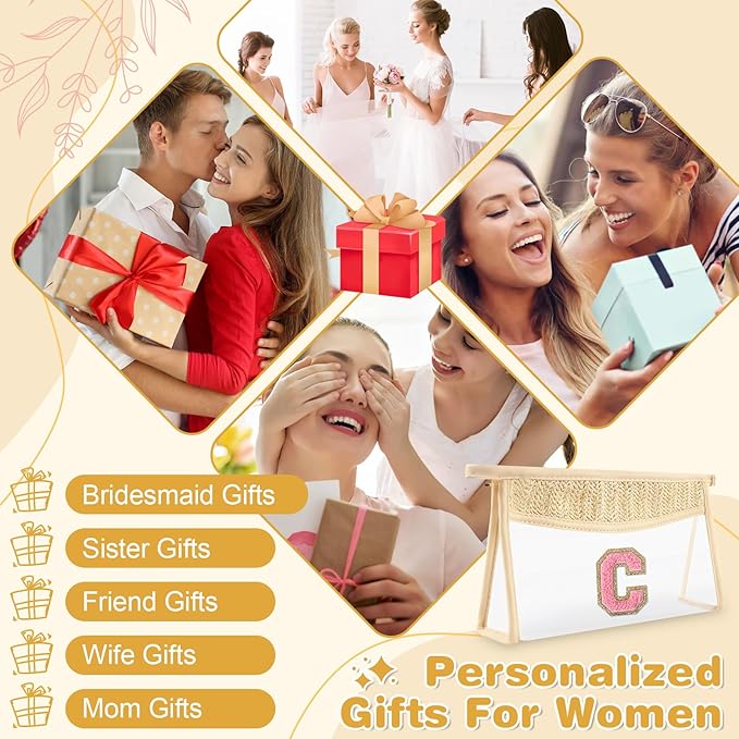 Small Boho Straw Initial Letter Makeup Bag Personalized Gift ,Cute Clear Chenille Patch Makeup Bag With Zipper,Trendy TSA Approved Travel Toiletry Bag,Gift for Women Girls Birthday Friend, Letter C