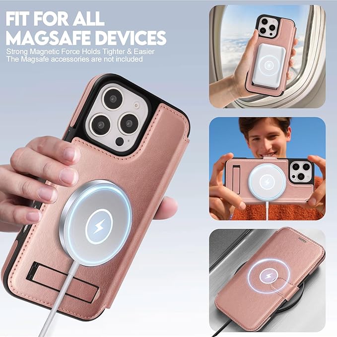 CIVICASE for iPhone 16 Pro Wallet Case with Stand,PU Leather Flip Credit Card Holder Slots (RFID Blocking),Compatible with Magsafe Magnetic Holder Phone Cover Women Men,Rose Gold