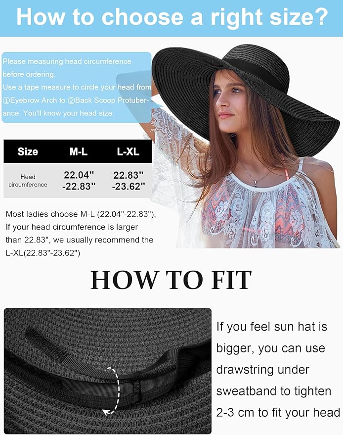 Senker Fashion Sun Hats for Women Oversize Wide Brim Straw Beach Hat Floppy Foldable Roll-Up Summer Vacation UPF 50+