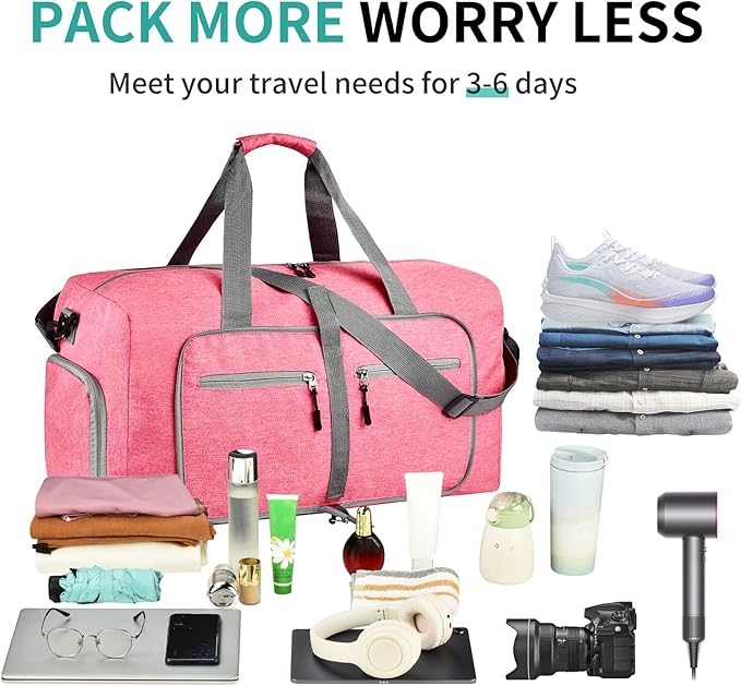 Dimayar 85L Travel Duffle Bag for Men Women - Foldable Duffel Bag with Shoes Compartment - Overnight Bags Waterproof & Tear Resistant(Pink)