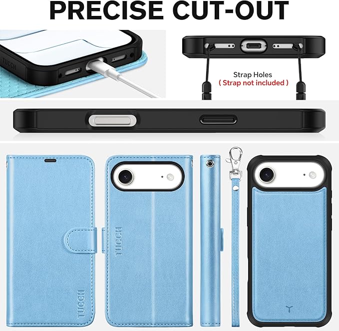 TUCCH Removable Case Wallet for iPhone Air (6.5") 2025, Detachable Wrist Strap, Wireless Charging, Stand, 4 Card Slots RFID Blocking, 2-in-1 Magnetic, PU Leather Shockproof Cover, Pearly Light Blue