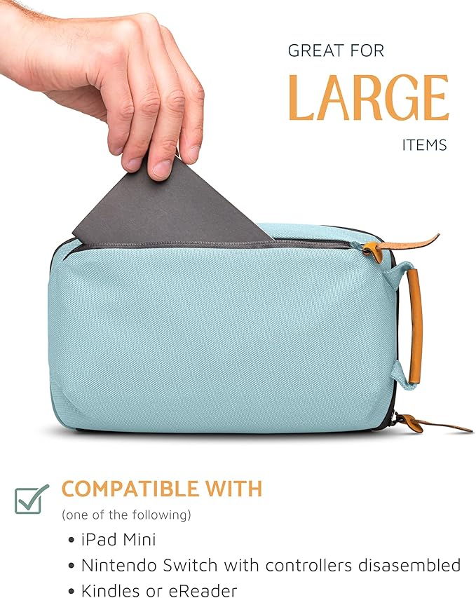 Tech Bag Organizer - Small Electronics Organizer Pouch for Travel - Premium Travel Case with Leather Accents - Mesh Pocket for Cables, Cords and Chargers (Dusty Teal)