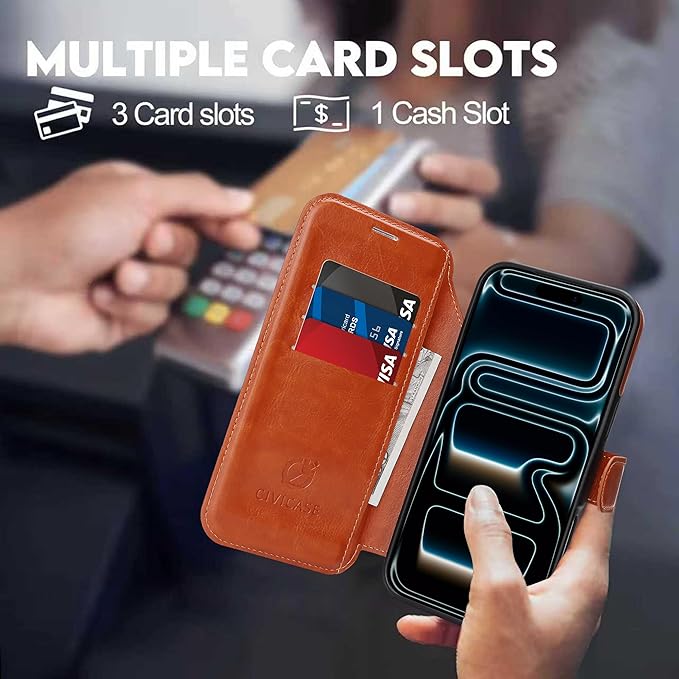 CIVICASE for iPhone 17 Pro Wallet Case with Stand,PU Leather Flip Credit Card Holder Slots (RFID Blocking),Compatible with Magsafe Magnetic Holder Phone Cover Women Men,Brown