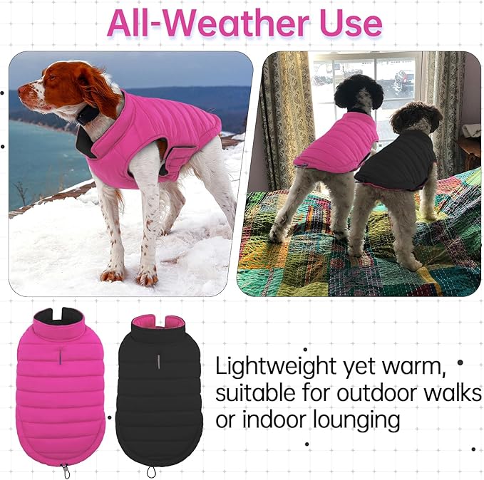 Lelepet Reversible Dog Coat Waterproof Dog Jacket Windproof Puffer Vest for Winter Warm Lightweight Coats for Small Dogs Adjustbale Hook & Loop Pet Apparel with Leash Hole, Shih Tzu, Rose Red, S
