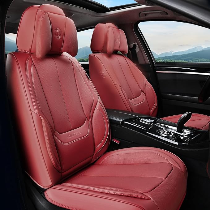 Coverado Universal Seat Covers Front, 2-Pack Universal Seat Covers for Cars, Waterproof Nappa Leather Car Seat Covers with Head Pillow, Auto Protectors Fit for Most Sedans SUV Pick-up Truck-Red