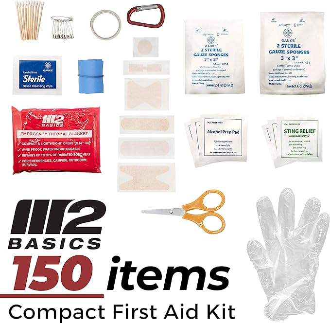 M2 BASICS Premium 150-Piece Mini Emergency First Aid Kit for Car, Backpack, Travel & Outdoors – Compact Medical Supplies for Camping, Hiking & Home
