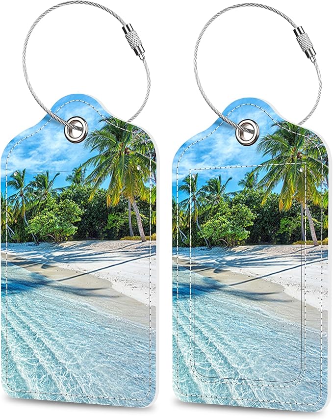 2 Pack Luggage Tags for Suitcase Maldives Islands Tropical Beach Leather Stainless Steel Loop Label Tags for Women Men Travel Bag Suitcase with Privacy Cover Name ID Card