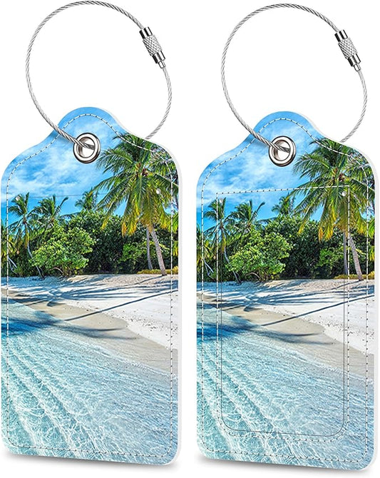 2 Pack Luggage Tags for Suitcase Maldives Islands Tropical Beach Leather Stainless Steel Loop Label Tags for Women Men Travel Bag Suitcase with Privacy Cover Name ID Card