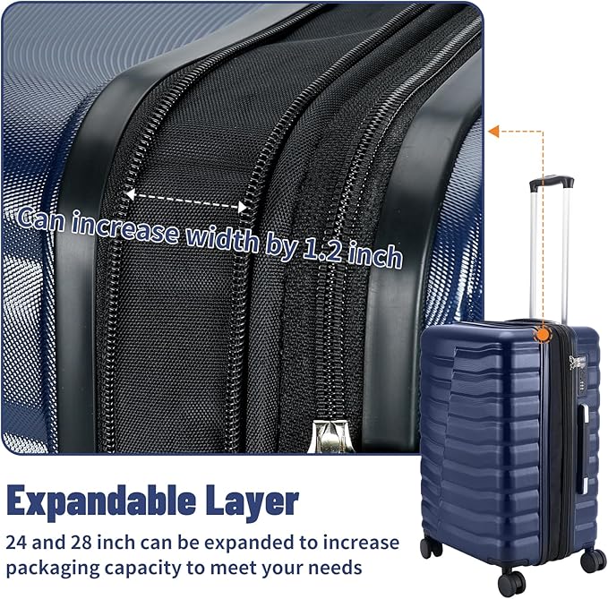 Lightweight Luggage with Spinner Wheels & YKK Zipper, 3-Piece Suitcase ABS+PC Hardside Hard Shell Luggage Sets with TSA Lock for Men, Dark Navy Blue (20+24+28 inch)