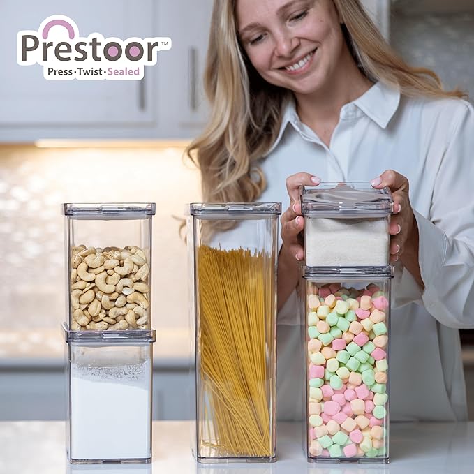 Prestoor 5-Pack SAN Pantry Storage Container Set, Leakproof Twist-Lock Lids, BPA-Free Stackable Canisters for Sugar, Flour, Pasta, Cereal & Snacks (0.8qt, 1.9qt ×2, 3qt, 4qt)