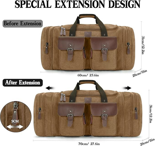Canvas Duffle Bag for Men 60L Travel Duffel Bags Expandable Genuine Leather Duffel Overnight Weekender Carry On Bag Two Zipper Pockets Travel Bag (Coffee, X Large-60L)