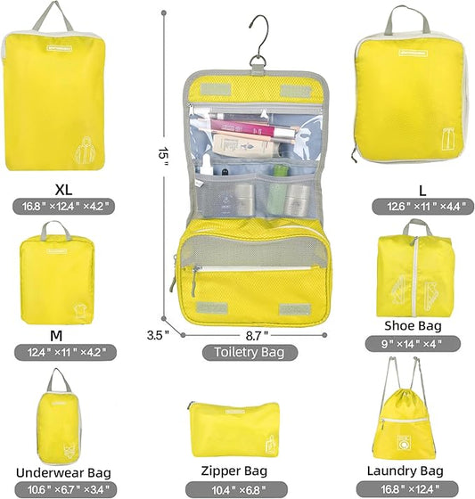 8 Set Expandable Compression Packing Cubes for Suitcases Travel Essentials Carry On Waterproof Storage Bag With Dry And Wet Separation Yellow