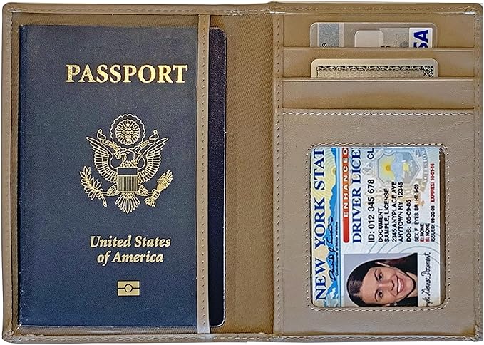 Personalized Monogrammed Taupe Leather RFID Passport Wallet and Luggage Tag