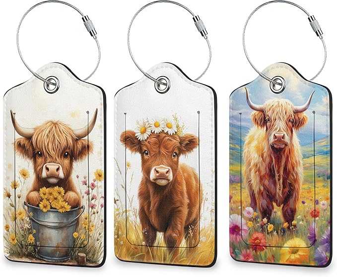 Highland Cow Luggage Tags for Suitcase 3 Pack, Privacy Cover ID Label with Stainless Steel Loop and Address Card for Travel Bag Suitcase