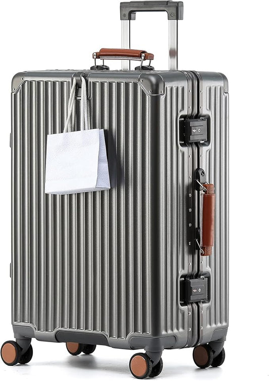 24 Inch Hardside Checked Luggage with Leather Handle, PC Zipperless Suitcase with Spinner Wheels and TSA Locks, Lightweight Checked Luggage for Travel, Grey